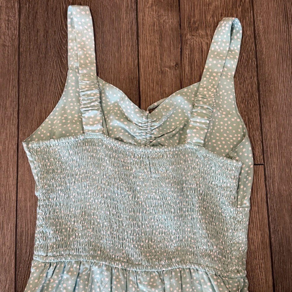 Jessica Simpson Seafoam Polka Dot Smocked Wide Leg Jumpsuit w/Pockets Size S - Picture 10 of 16